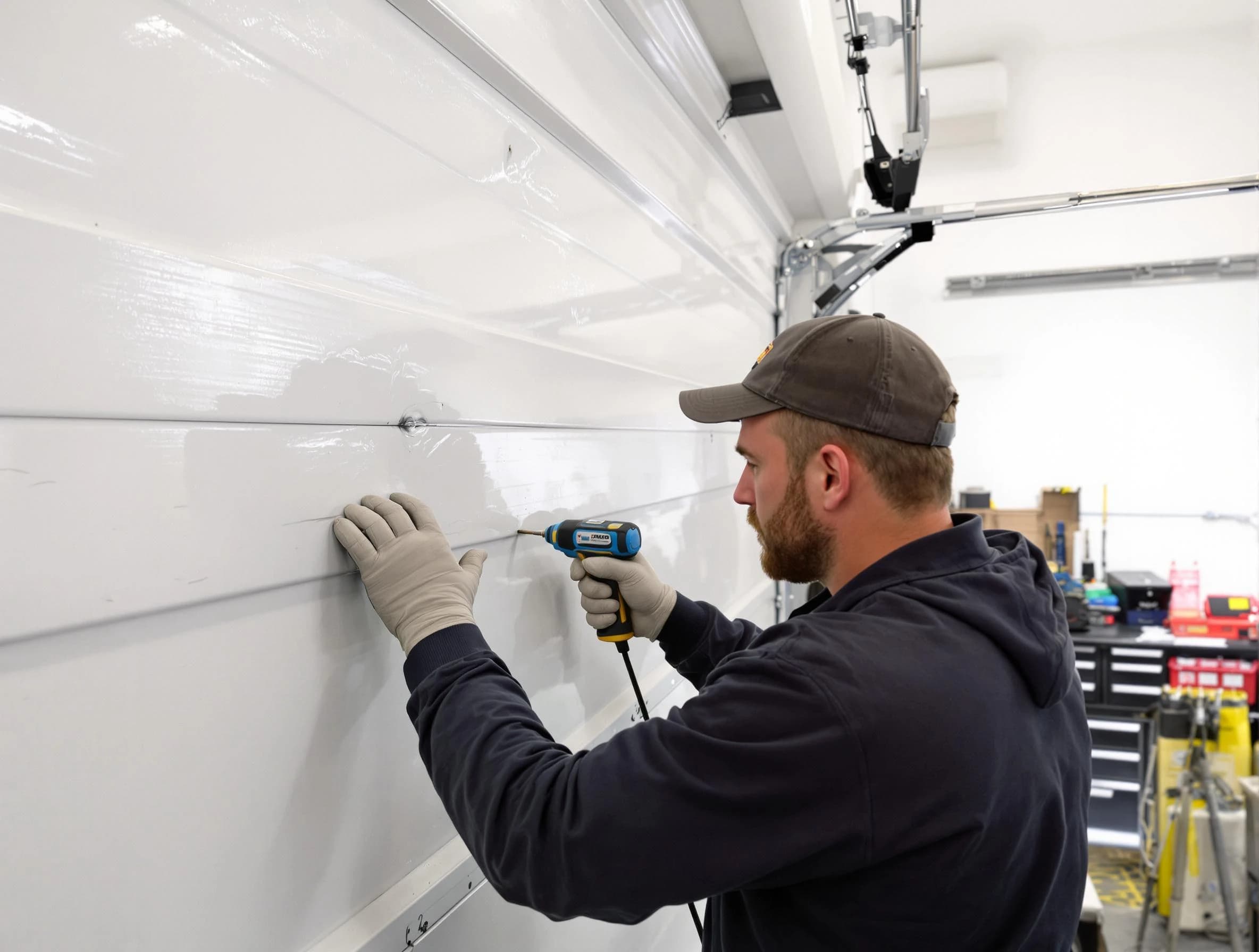 Gloucester Garage Door Repair technician demonstrating precision dent removal techniques on a Gloucester garage door